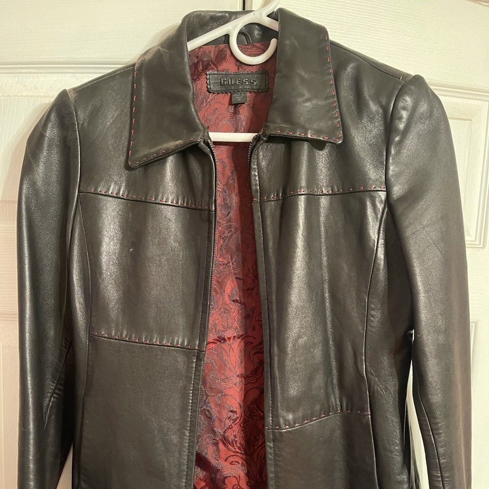 Guess, soft leather zip up jacket.